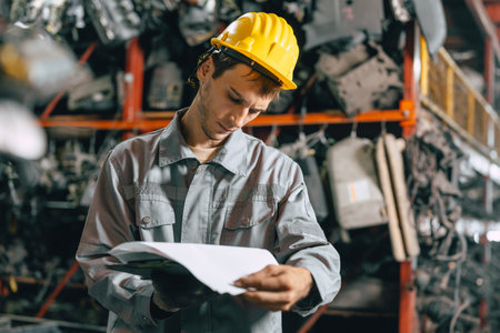 Technician male worker working in garage scrap yard old car part workshop warehouse