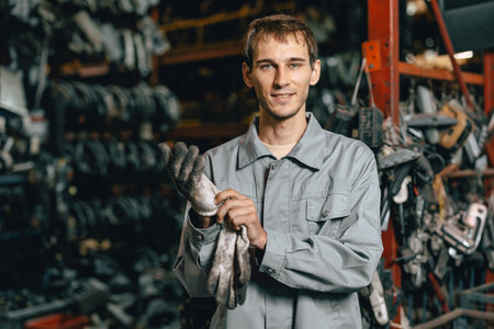 portrait young Caucasian technician worker working in heavy industry, looking camera happy smilingの写真素材