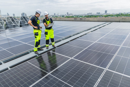 Professional Engineer Team Service Solar Panel. Worker Maintenance Cleaning Replacing Solar Panel....
