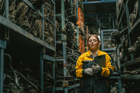 portrait technician women worker working in heavy industry, looking camera happy smilingの写真素材