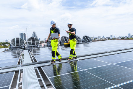 Professional Engineer Service Solar Panel. Worker Maintenance Cleaning Replacing Solar Panel. Solar...