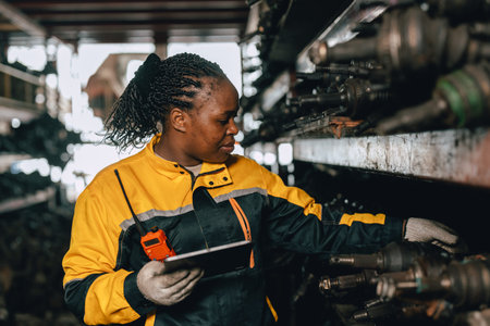 African women engineer staff worker working in old used metal machine part stock inventory...