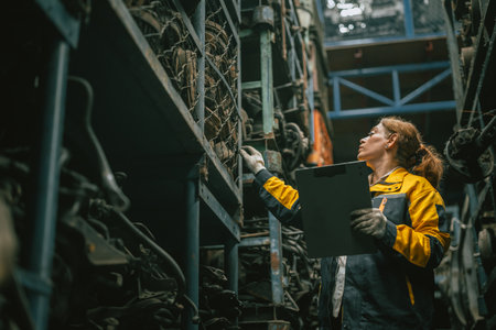 Technician adult women worker working in heavy industry, warehouse manager in garage scrap yardの写真素材
