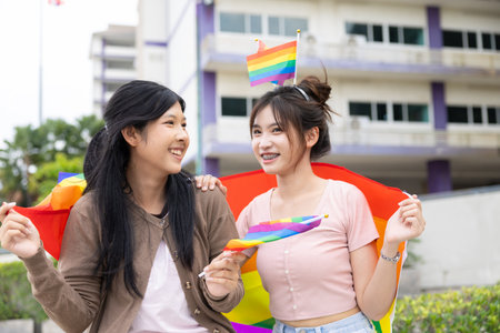 Women teen with colorful LGBTQ pride month rainbow flag, couple female happy smiling enjoy togetherの写真素材