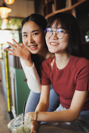 portrait of two beauty Asian women teen sitting together indoor friend happy smilingの写真素材