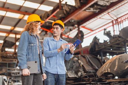 Technician male worker working in garage scrap yard old car part workshop warehouse with women...