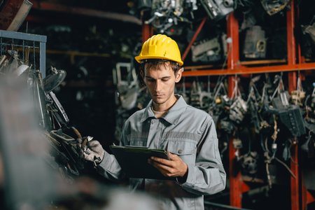 Technician male worker working in garage scrap yard old car part workshop warehouse