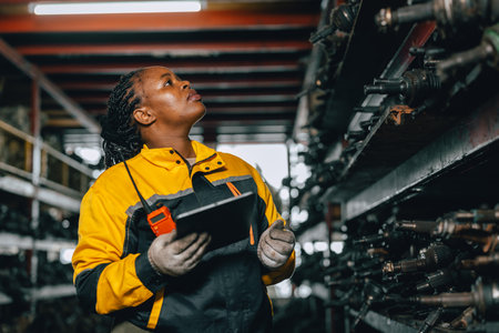 Technician African black women worker working in garage scrap yard old car part workshop warehouseの写真素材