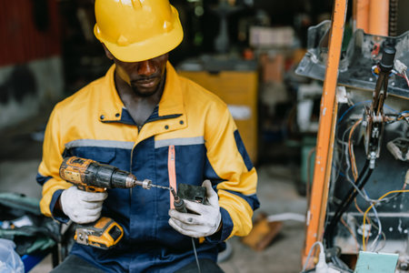 Professional African black Engineer male worker work industry, fix service vehicle machine in factory with safety hardhat uniform