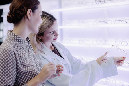 Optical store, Glasses shop staff service customer eyeglasses, Professional eyewear consultation, Vision Care Service, Personalized Frame Recommendation, Customer Support And Optical Retail Experience Concept.
