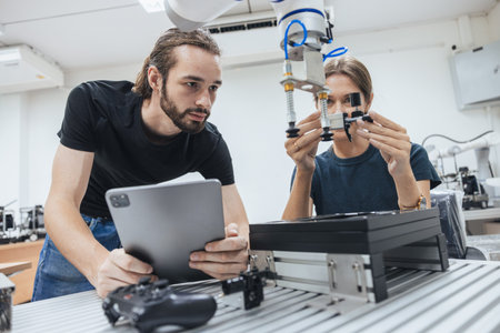 Young engineer team working in Robotic lab test and program robot prototype. Robotic factory research. Automation robot arm.