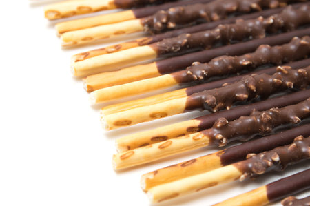 Chocolate Filled Biscuit Sticks on White Background