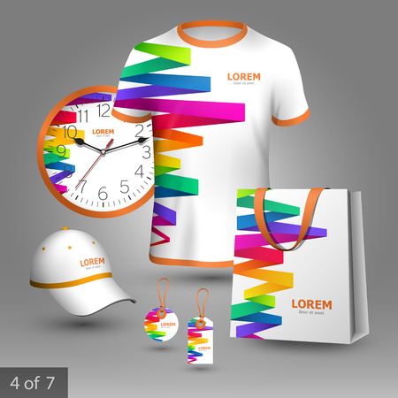 White promotional souvenirs design for company with color stripes. Elements of stationery.のイラスト素材