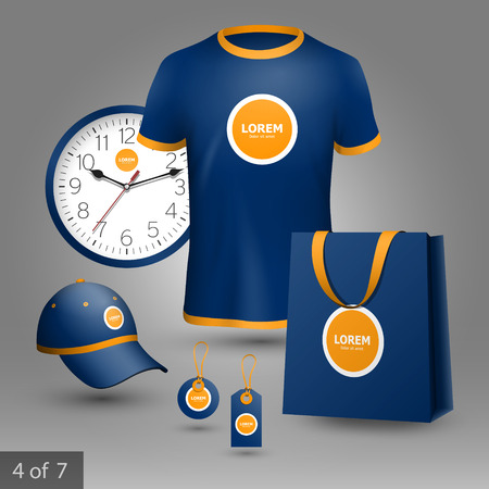 Blue promotional souvenirs design for company with orange circles. Elements of stationery.のイラスト素材