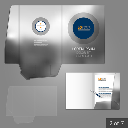 Gray folder template design for company with blue round element and photo. Element of stationery.のイラスト素材
