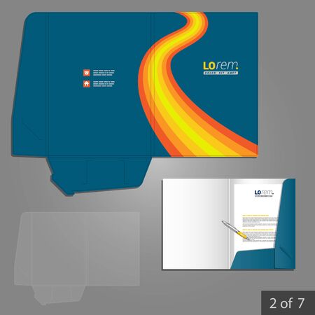 Blue folder template design for corporate identity with orange waves. Stationery setのイラスト素材