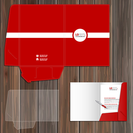 Red classic folder template design for corporate identity with white line. Stationery setのイラスト素材
