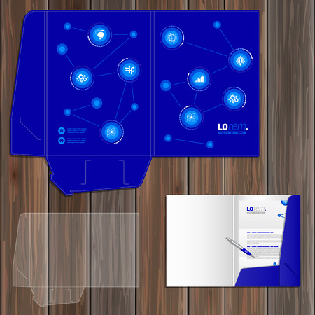 Blue folder template design for corporate identity with white economic icons. Stationery setのイラスト素材
