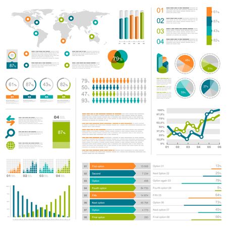White infographics set with blue, green and orange elements. Vector information graphicsのイラスト素材
