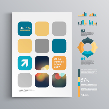 White brochure template design with blue and orange geometric shapes. Cover layout and infographicsのイラスト素材