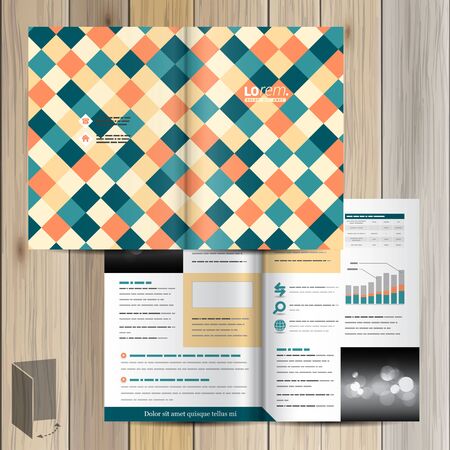 Vintage brochure template design with color squared pattern. Cover layoutのイラスト素材