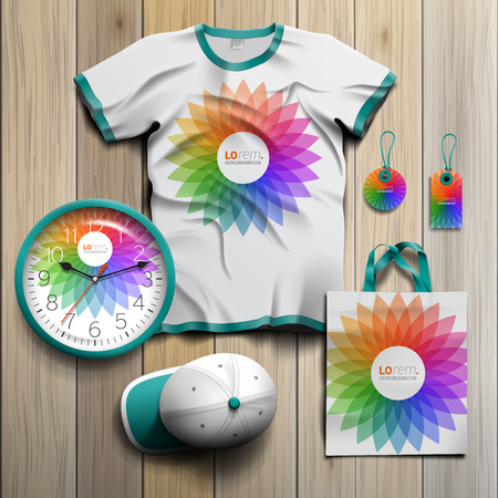 White promotional souvenirs design for corporate identity with color round flower. Stationery setのイラスト素材