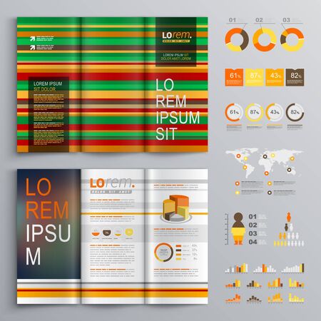 Striped brochure template design with red and green lines. Cover layout and infographicsのイラスト素材