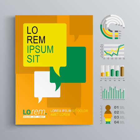 Orange brochure template design with yellow, green and white text bubbles. Cover layout and infographicsのイラスト素材