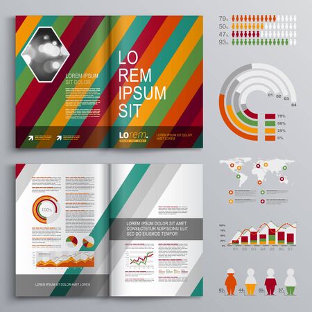 Fashion brochure template design with color diagonal stripes. Cover layout and infographicsのイラスト素材