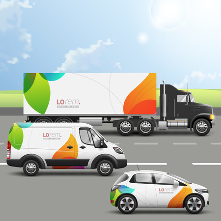 White creative transport advertising design with color shapes. Templates of the truck, bus and passenger car. Corporate identity