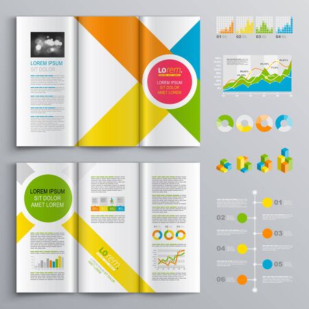 White brochure template design with central pink circle and color diagonal stripes. Cover layout and infographicsのイラスト素材