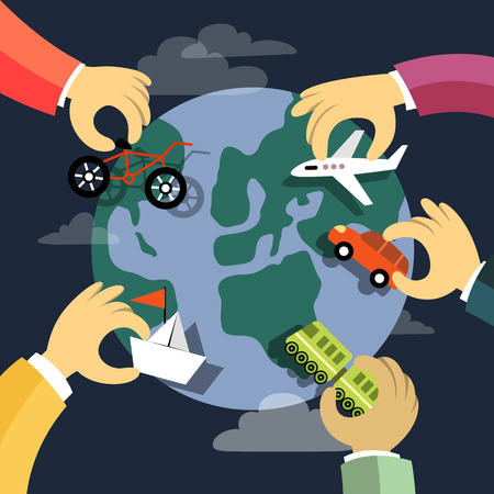 Travel by different kinds of transport. Car, bicycle, airplane, ship and train. Around the globe. Flat design illustrationのイラスト素材