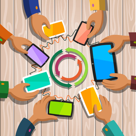 Communication concept. People life and work in the world of gadgets. Icons of smartphones and tablet. Devices and social discussion. Flat design illustrationのイラスト素材