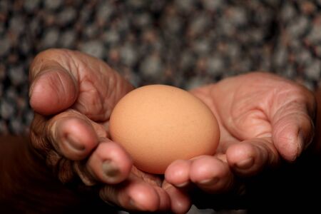 Egg and hand old age の写真素材