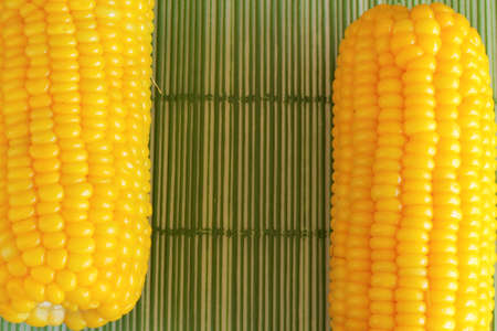 Sweetcorn on a green background の写真素材
