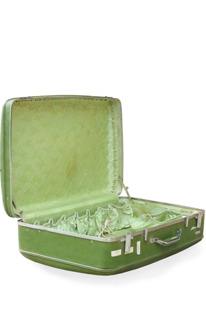 Vintage green suitcase on white background  の写真素材