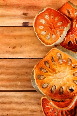 Slices of dried bael fruitの写真素材