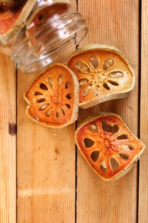 Slices of dried bael fruitの写真素材