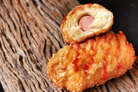 Hotdog buns with mayonnaise and ketchupの写真素材