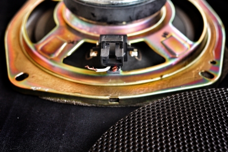 Close-up of subwoofer black speakerの写真素材