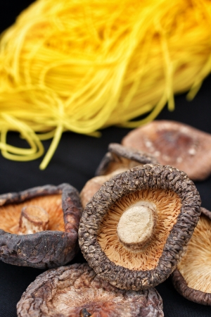 Chinese noodles for stir fried and shiitake mushroom.の写真素材