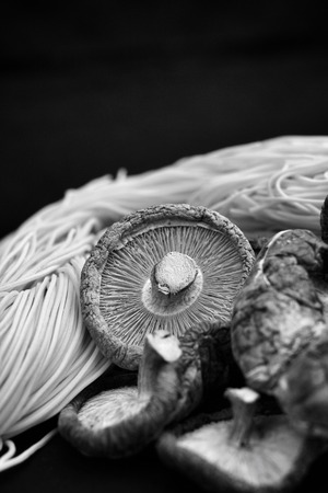 Shiitake mushroom on black backgrongの写真素材