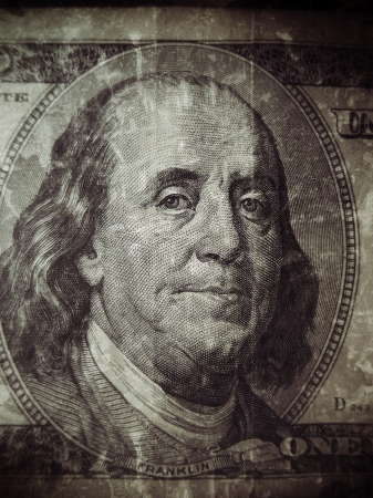 close-up portrait of Franklin with hundred dollar billsの写真素材