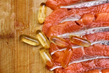 Close-up of salmon oil capsulesの写真素材