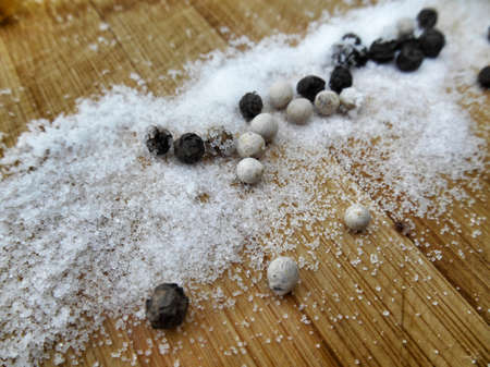 spice pepper and salt on wood backgroundの写真素材