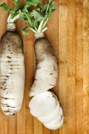 Daikon radish on the wood 