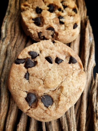 Close-up of stacked chocolate chip cookies