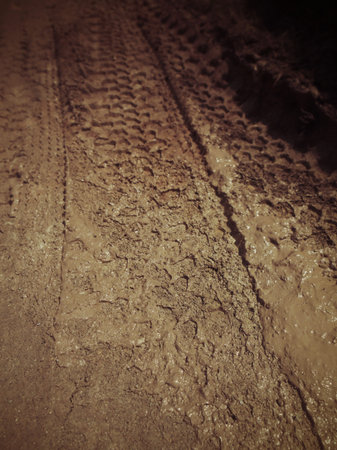 Wheel tracks on the soil.