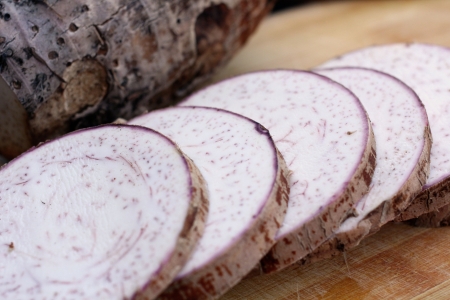 Fresh taro on the woodの写真素材