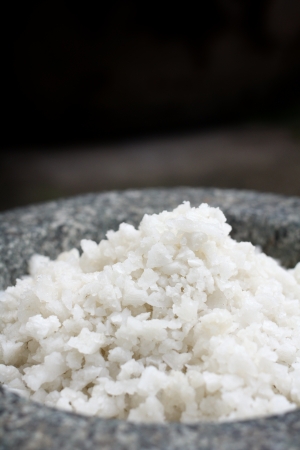 White sea salt on mortarの写真素材